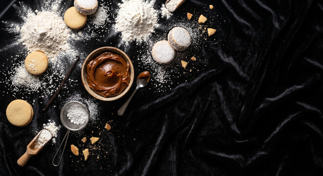 Overhead flat lay of Argentine Alfajores cookie ingredients on black velvet