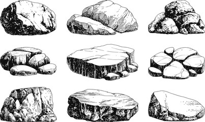 Hand-drawn geological rock textures and mineral cross-sections. Black and white line art of sediment layers for educational and scientific use. © SMFARHANTANVIR
