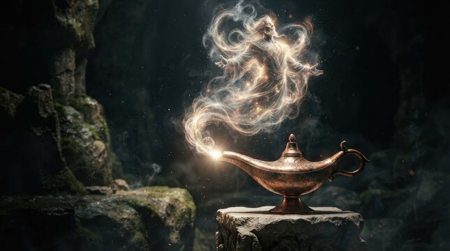 Magical genie emerging from an antique oil lamp in a dark cavern