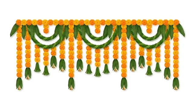Marigold flower toran for Diwali decoration. Traditional Indian floral door hanging garland.