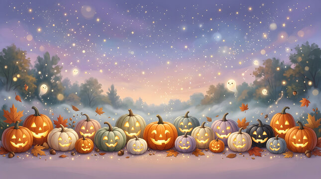 Cute halloween pumpkin border with glowing jack o lanterns and autumn leaves