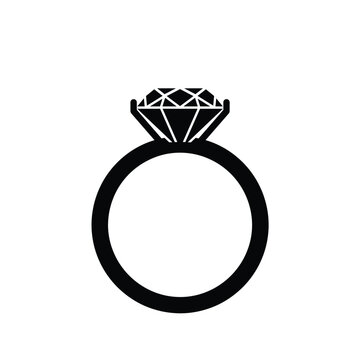 Solid black vector silhouette icon of a diamond ring, luxury jewelry icon, isolated