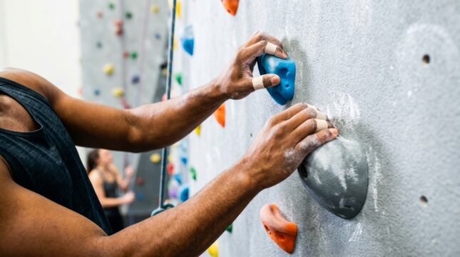 Man's hands gripping colorful holds on an indoor climbing wall, close-up shot of an active person bouldering at a gym for fitness and sport