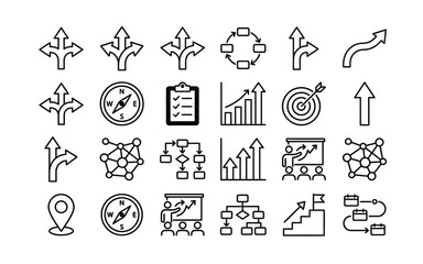 Fototapeta premium Business Strategy, Growth, Workflow, Organization Chart, Project Management, Analytics, Target, Direction and Navigation Line Icons Set for Web and Mobile Vector Collection