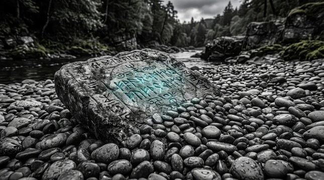 Ancient runestone with glowing inscriptions on a riverbed