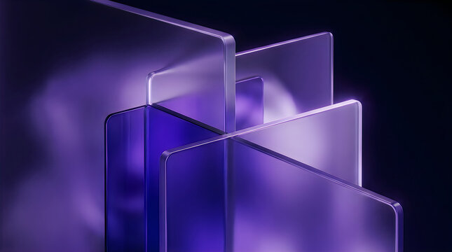 Abstract geometric composition featuring overlapping translucent purple planes with glowing neon light effects modern digital art