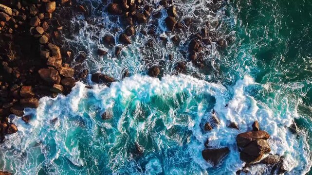 Aerial Top Down View of Ocean Waves Crashing on Dark Rocky Coast