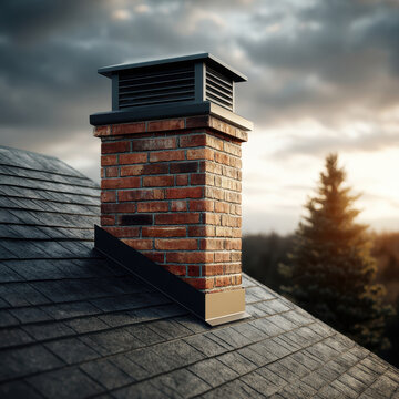 A brick chimney with a metal cap stands tall on a shingled roof at sunset. Great for roofing and.