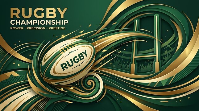 Rugby championship sports background with a fast moving ball and goal post in a dynamic green and gold artistic style