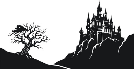 Castle And Bare Tree Silhouette Against White Background © nourin