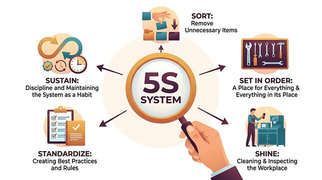5S system methodology infographic showing sort set in order shine standardize and sustain for lean manufacturing