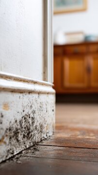 Close-up of black mold growing on a white baseboard in a room. Concept of home cleaning and.