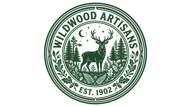 Vintage style circular logo featuring a deer in a forest with moon and stars.