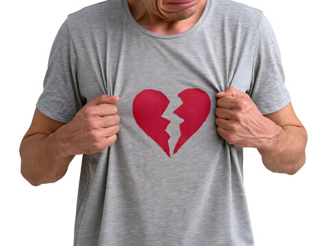 Man holding grey t-shirt with a broken heart print isolated on transparent or white background, png