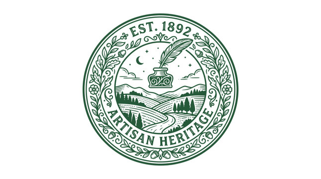 Vintage style round logo badge featuring inkwell and quill pen with landscape scenery.