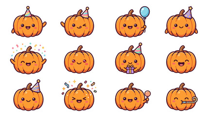 Naklejka premium Festive birthday pumpkins with party hats and balloons.
