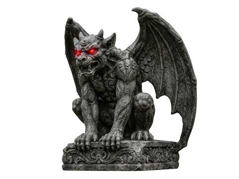 Crouching stone gargoyle with glowing red eyes and wings isolated on transparent background. Gothic fantasy concept.