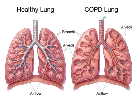 Comparison of healthy lung and copd lung anatomy illustration isolated on white background