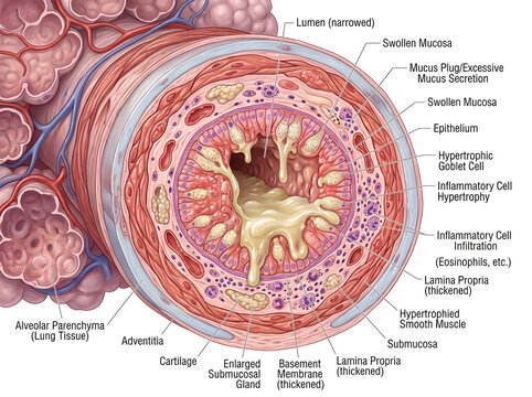 Cross section of inflamed airway with mucus buildup and swollen tissue isolated on white background