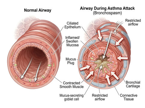 Human airway comparison normal vs asthma attack bronchospasm isolated on white background