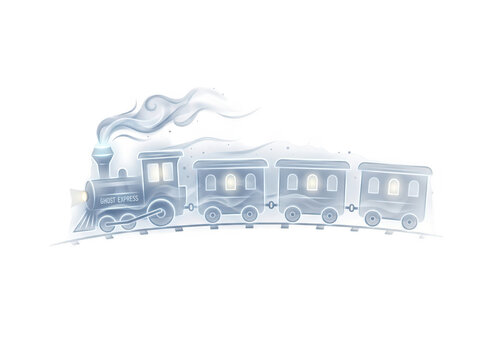 A glowing ghost train with smoke rolling along tracks, isolated on transparent background. Perfect for spooky fantasy.