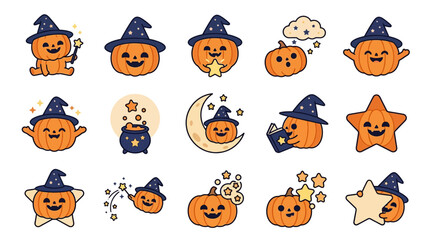 Obraz premium Kawaii witch pumpkin icons with hats and magic wands.
