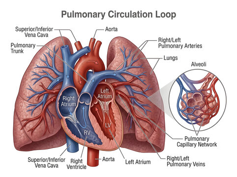 Human pulmonary circulation loop diagram with labeled anatomy isolated on white background
