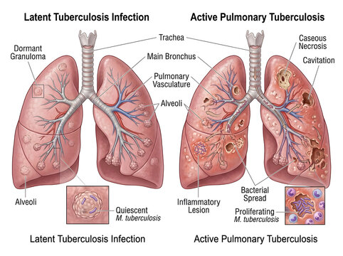 Latent vs active pulmonary tuberculosis lung comparison diagram isolated on white background