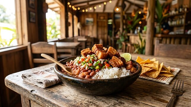 Chifrijo bowl with pork and beans. Traditional Costa Rican dish served on a rustic table.