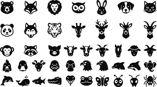 Comprehensive animal icon sat collection featuring a variety of wildlife species presented in a bold black silhouette