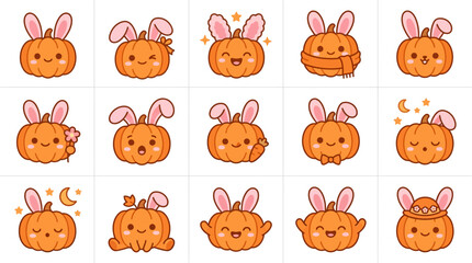 Obraz premium Pumpkin characters wearing pink bunny ears and cozy scarves.