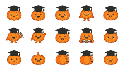 Obraz premium Pumpkin student stickers wearing black graduation hats.