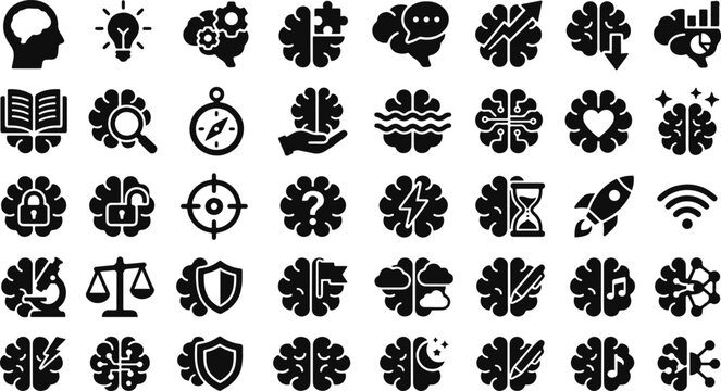 Professional brain and artificial intelligence icon sat collection featuring a modern black and white creative silhouette