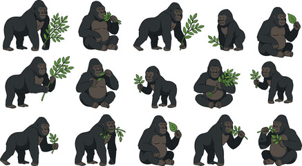 Gorilla and Chimpanzee Character Set Featuring Wild Apes Standing Walking Sitting and Eating Green Leaves for Educational Wildlife Safari Graphic DesignsCartoon Gorilla and Chimpanzee Character Set Fe © MST