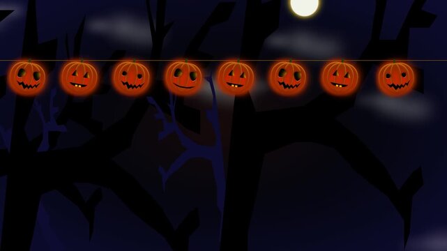 Festive Halloween background template with a garland of hanging jack-o'-lantern pumpkins against spooky night forest trees and the moon with copy space.