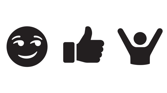 Smug face thumbs up and cheering person icon set