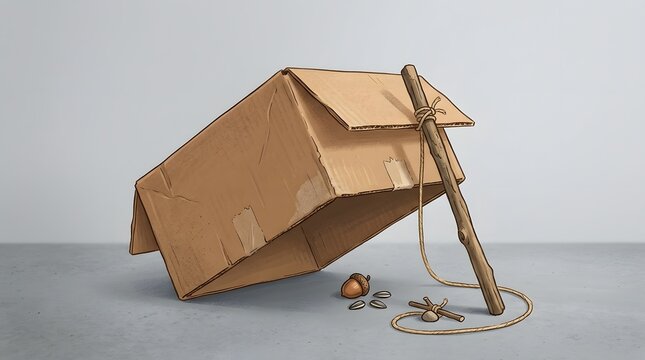 A handmade cardboard box trap propped up with a wooden stick and string on a grey background