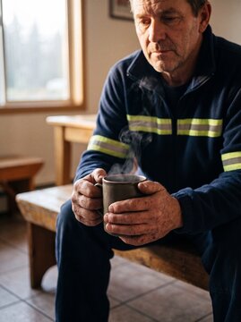 Nahaufnahme der H&auml;nde eines Feuerwehrmanns mit dampfender Kaffeetasse zur Ruhepause nach dem Einsatz