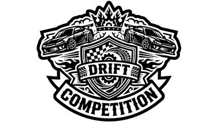Drift car competition crown emblem with checkered flag. © bakooh
