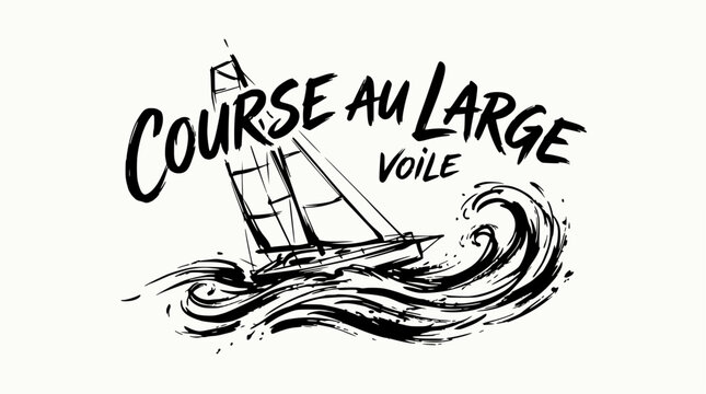 Dynamic sailboat illustration catching large ocean waves.
