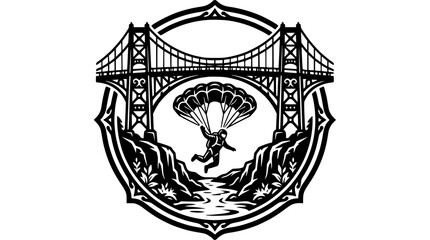Circular base jumping emblem with bridge and parachutist © bakooh