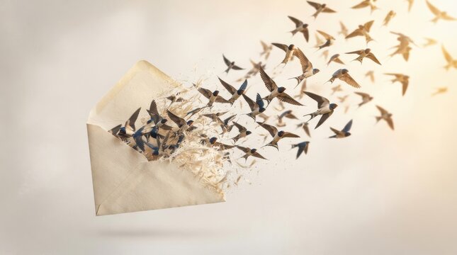 Birds flying out of an envelope