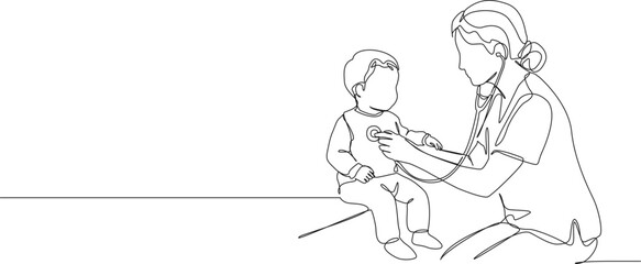 Obraz premium continuous line drawing of female pediatrician examining toddler with stethoscope, medical concept, line art vector illustration