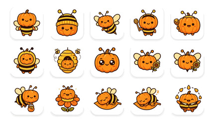 Obraz premium Cheerful honey bee pumpkin character collection.