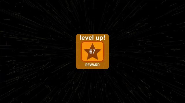 Level 67 Up Reward Achievement Notification Animation with Golden Star Badge, Game Progress UI, Success Pop Up, Mobile Gaming Interface, 4K Quality Video, Level Up Screen with, Level Up animation