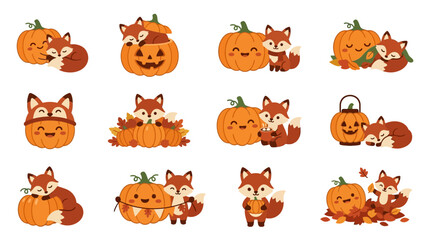 Obraz premium Cute fox and pumpkin autumn sticker set.