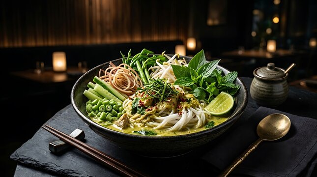 Nom Banh Chok Khmer noodle soup. Traditional Cambodian fish curry dish in a dark bowl.