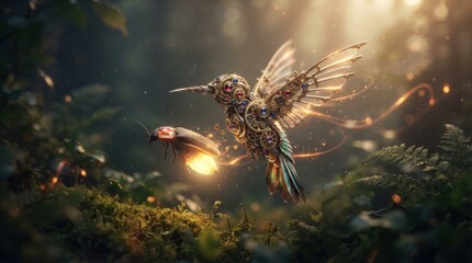 Obraz premium Steampunk mechanical hummingbird and firefly in forest