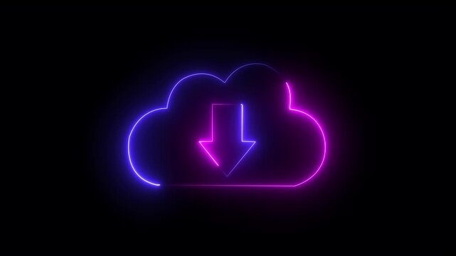 Neon cloud icon animation, Glowing neon cloud storage with arrows, arrow symbolizing data download or cloud storage on a dark background.