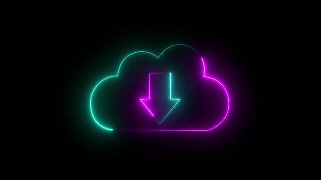 Neon cloud icon animation, Glowing neon cloud storage with arrows, cloud and download arrow icon signs, glow, arrow, shape, cloud, 4k video.